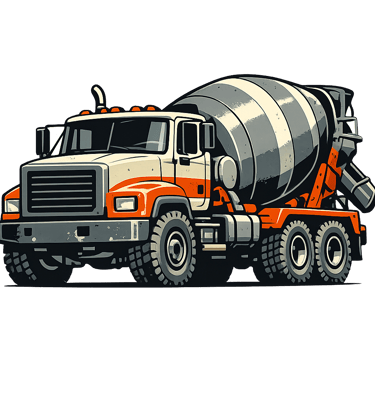 Illustration of a heavy-duty orange and white cement mixer truck for construction projects.