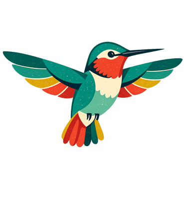 Vintage-style colorful hummingbird illustration with green, red, and yellow wings on a black background.