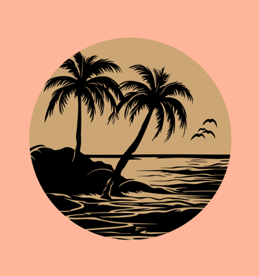 Tropical beach illustration with palm trees, ocean waves, and flying birds in a circle.
