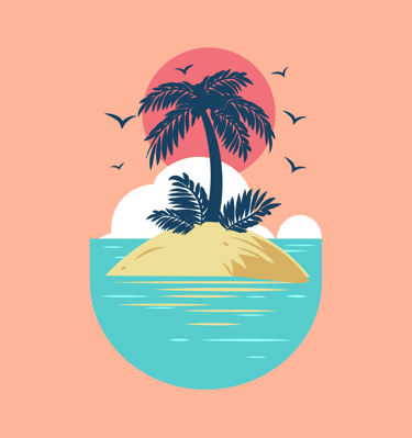 Tropical island illustration with a palm tree, sunset, and ocean waves.