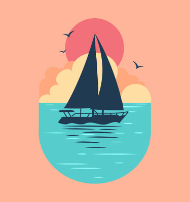 Flat vector illustration of a sailboat silhouette on calm water with a sunset and seagulls.