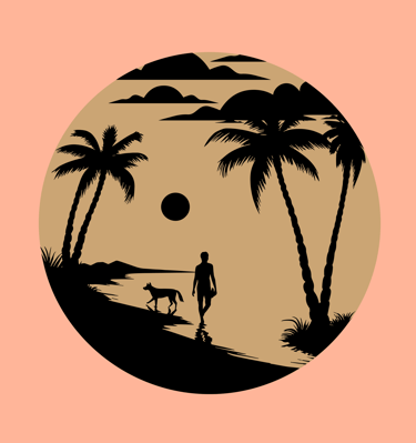 Silhouette of a person and dog walking on a tropical beach with palm trees at sunset.