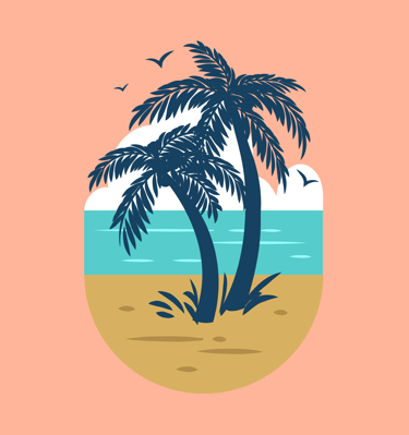 Tropical beach illustration with silhouette palm trees, ocean waves, and seagulls on a peach background.