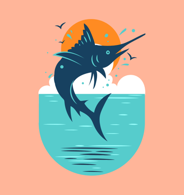 Minimalist marlin fish illustration jumping from blue ocean water against a sunset background.