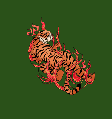 Japanese style tiger illustration with red flames on a dark green background.