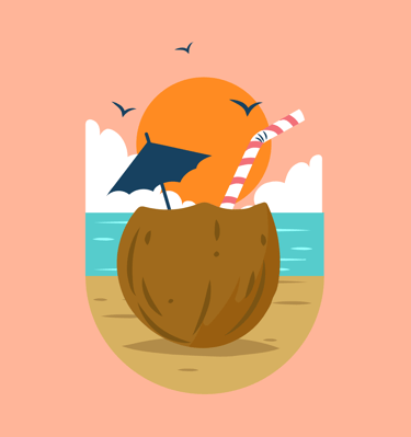 Tropical coconut drink illustration on a sunny beach with a sunset and ocean background.