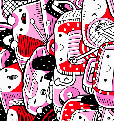A colorful hand-drawn doodle pattern featuring cute red and pink cartoon characters in a fun art style.