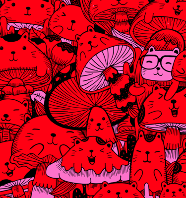 Cute red and pink doodle pattern featuring cartoon cats and whimsical mushrooms in a vibrant kawaii style.