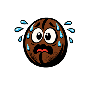 A sweating cartoon coffee bean character with a nervous facial expression on a black background.