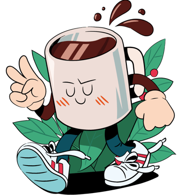 Retro cartoon coffee cup character walking in sneakers with a peace sign and green leaves.