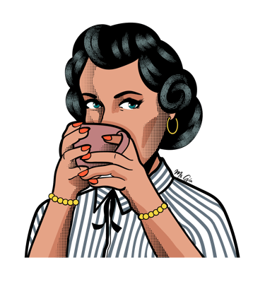 Vintage pop art illustration of a woman with black hair drinking coffee from a pink mug.