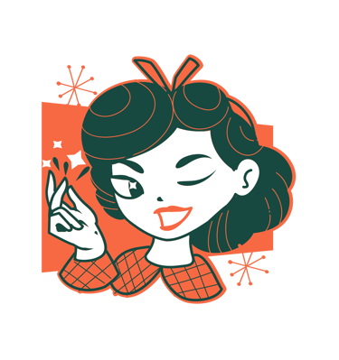 Retro 1950s rockabilly style illustration of a winking girl snapping her fingers.