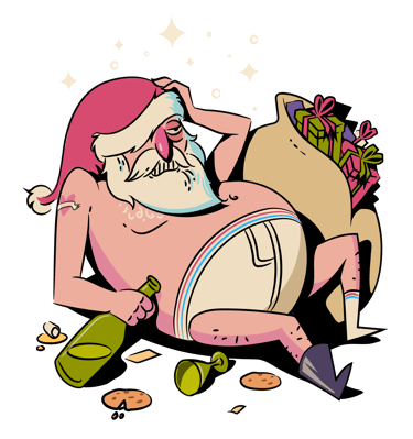 Funny cartoon of a messy, shirtless Santa Claus relaxing with wine and cookies after Christmas.