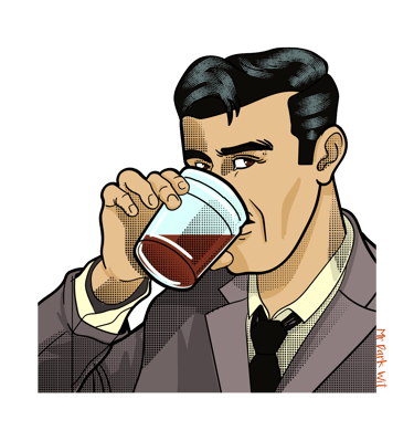 Pop art illustration of a man in a suit drinking coffee from a clear cup in a retro comic style.