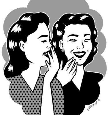 Retro pop art illustration of two vintage women whispering gossip and laughing together.