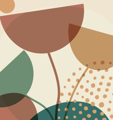 Abstract mid-century modern botanical art featuring geometric floral shapes and earth-tone circles.