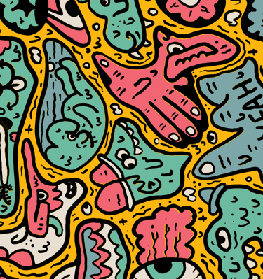 Colorful street art doodle background with abstract cartoon monsters and vibrant pop art characters.