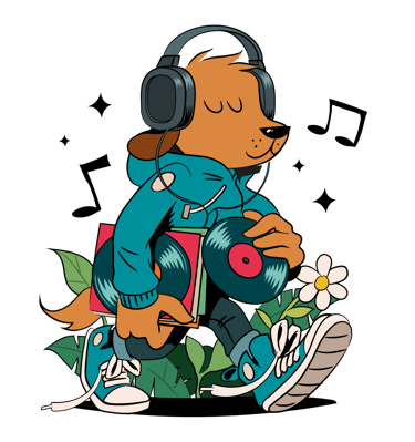Cool cartoon dog wearing headphones and a hoodie carrying vinyl records with music notes.