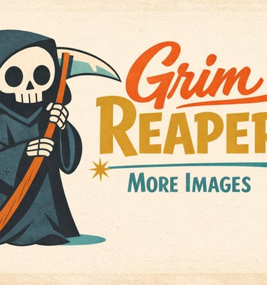 Vintage cartoon illustration of a cute Grim Reaper holding a scythe with retro typography.