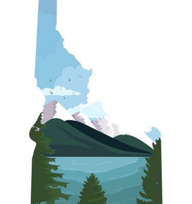 Illustrated Idaho state map silhouette featuring a scenic landscape of mountains, evergreen trees, and a blue lake.