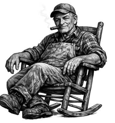 Black and white sketch of an elderly farmer in overalls smoking a cigar in a wooden rocking chair.