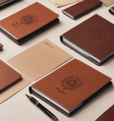 Personalized notebooks stacked with a pen on top.