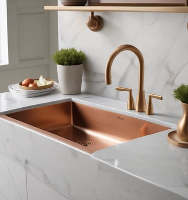 A street vendor is selling a variety of copper goods, including pots, pans, and decorative items. The shop is outdoors with an open entrance, and various copper items are hanging and displayed on tables. The vendor, dressed in casual clothing, is working amidst the merchandise. Dry leaves and branches are visible in the foreground, indicating an autumn setting.