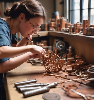 Female artisan crafting intricate copper jewelry at a workbench in a Daystar Trade studio.