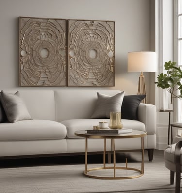 A collection of intricately designed metal and glass objects featuring elaborate patterns and vibrant colors. The metal object has ornate engravings, while the glass objects have a teardrop shape and are placed on decorative bases.