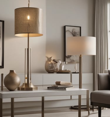 An assortment of colorful decorative items displayed in a shop, including intricately designed ceramic lamps and ornate wooden shelves filled with various decorative boxes. Hanging brass bells add an element of rustic charm.