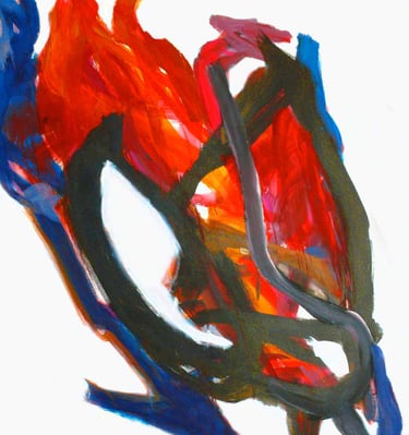 A painting of a red blue bird on a white background