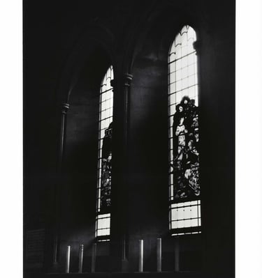 A view from inside the church - a view on two windows lit by an external light. Creator: Slawek Dejneka