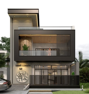 a modern house with a large balcony and a car parked in front of it