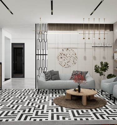 a living room with a couch and a table designed by our team