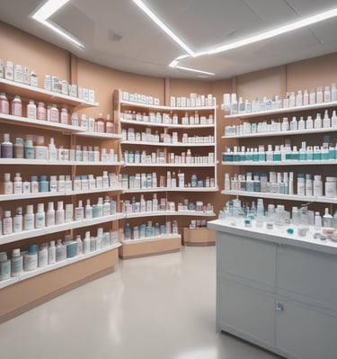 A street scene featuring a traditional medicine shop with red signage and a display of various products in the window. A person wearing a patterned shirt and a face mask stands outside, holding a walking stick. The storefront has blue awnings and a variety of colorful items visible through the glass.