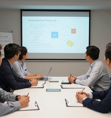 Team gathered around a table discussing refurbishment strategies with schematics.