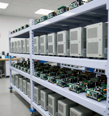 Warehouse shelves stocked neatly with industrial spare parts awaiting service.