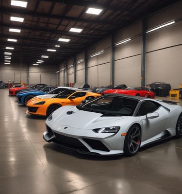 A lineup of diverse rental cars in a showroom.