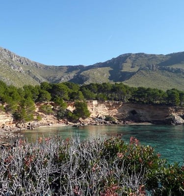 a mountain scene with a body of water and mountains in the background