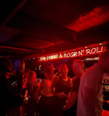 a group of people standing in a bar