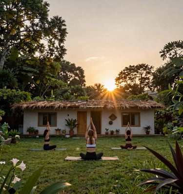 A serene yoga session at dawn surrounded by lush tropical plants and stone pathways.