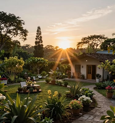 Sunlight filtering through tropical foliage onto a tranquil yoga space with natural stone floors.