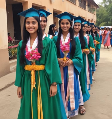 Three young women wearing uniforms with brown hijabs and gray caps are smiling and posing for the camera. Two of them make peace signs, and they have lanyards with ID cards around their necks. The setting appears to be an outdoor event, possibly linked to scouts or a similar organization. Behind them is a blurred background with greenery and a building with an air conditioning unit.