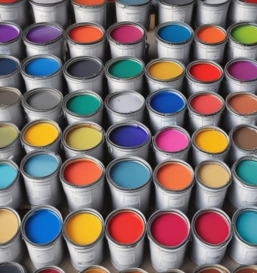A collection of freshly painted RV parts in various colors.