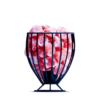 Rectangular Himalayan pink salt block on decorative iron stand