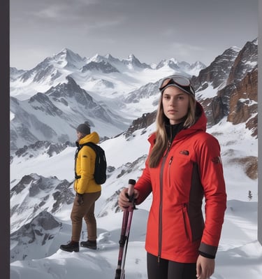 a woman in a red jacket and a man in a yellow jacket