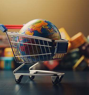 a shopping carton with a globe in the middle of a shopping carton
