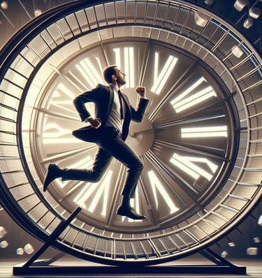 Businessmann in einem Hamsterrad vor einer Uhr