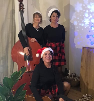trois femmes en robe rouge et noire à carreaux avec des bonnets de Noël et une contrebassess