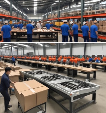 Stacked containers loaded with finished furniture, prepared for export shipment.